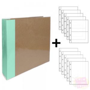 Álbum D-Ring - 21x15cm + 10 Envelopes Plásticos - Verde Água e Kraft