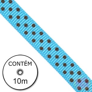 Fita Gorgurão - Azul Bebê Poá Marrom 10mm (Rolo 10M)
