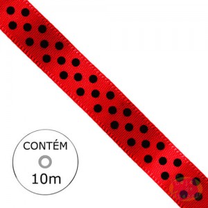 Fita Cetim - Vermelho Poá Preto 10mm (Rolo 10M)