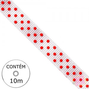 Fita Gorgurão - Branco Poá Vermelho 10mm (Rolo 10M)