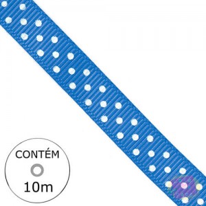 Fita Gorgurão - Azul Royal Poá Branco 10mm (Rolo 10M)