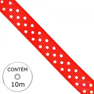 Fita Gorgurão - Vermelho Poá Branco 10mm (Rolo 10M)