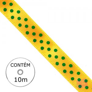 Fita Cetim - Amarelo Poá Verde 10mm (Rolo 10M)