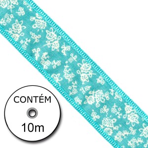 Fita Tecido - Floral Rendado Azul Bebê 25mm (Rolo 10M)