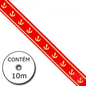 Fita Cetim - Náutica Âncoras Vermelho 10mm (Rolo 10M)